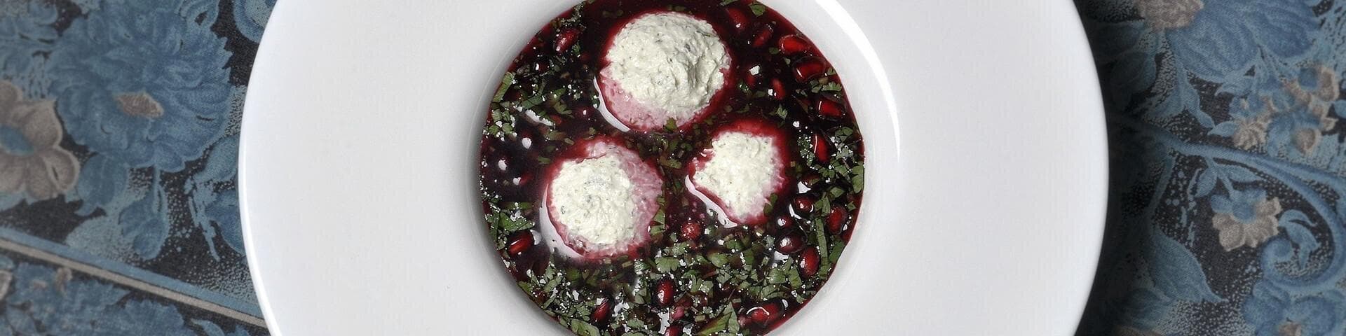 Nadughi (Cottage Cheese Cream) Balls in Pomegranate Soup
